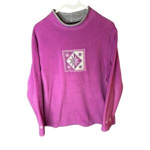 Vintage Fleece Mock Neck Pullover Pink Snowflake Embroidered Women's M
